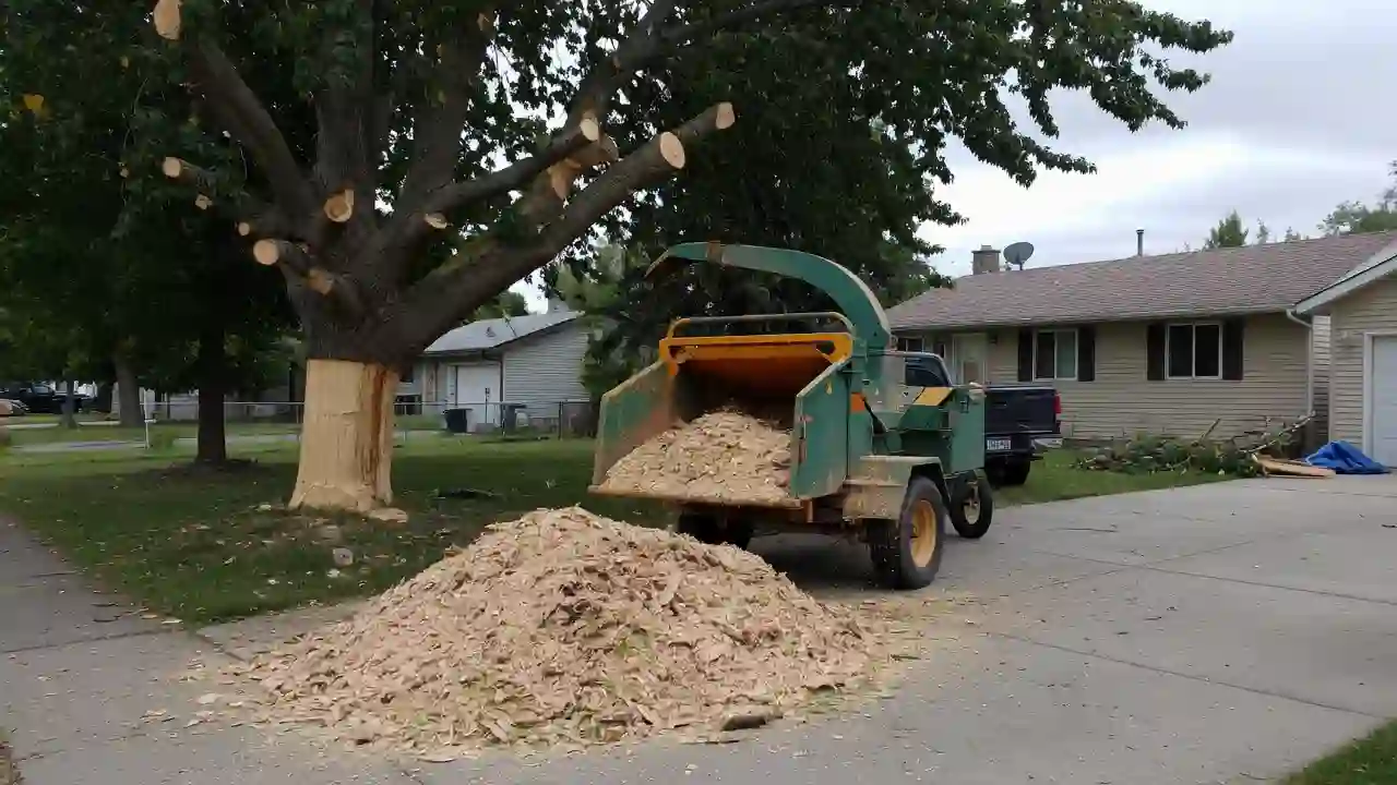 Tree removal and chipper on a Meridian driveway